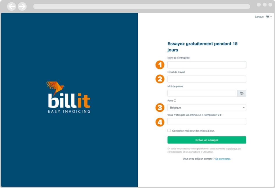 Présentation du formulaire Billit avec les étapes présentées ci-dessus.