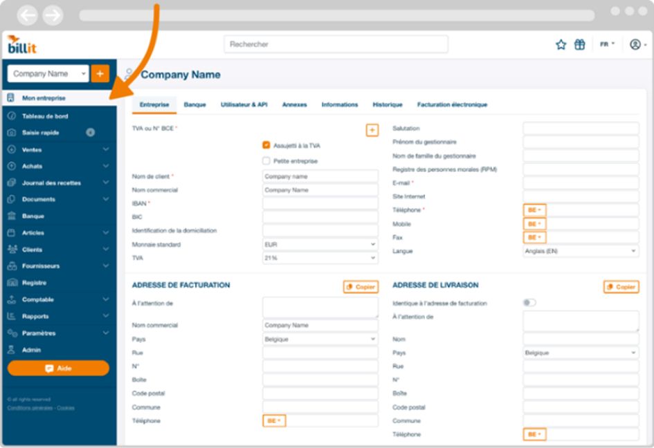 Présentation du site Billit suivant les étapes citées plus haut.