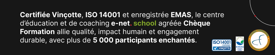 Bandeau de certification Vinçotte, ISO 14001, EMAS et Chèque Formation