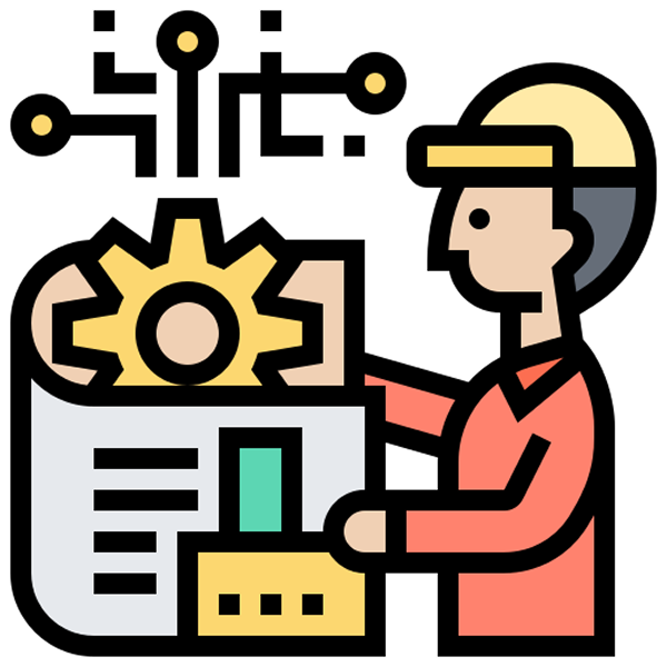 Logo représentant une personne manoeuvrant une machine complexe.